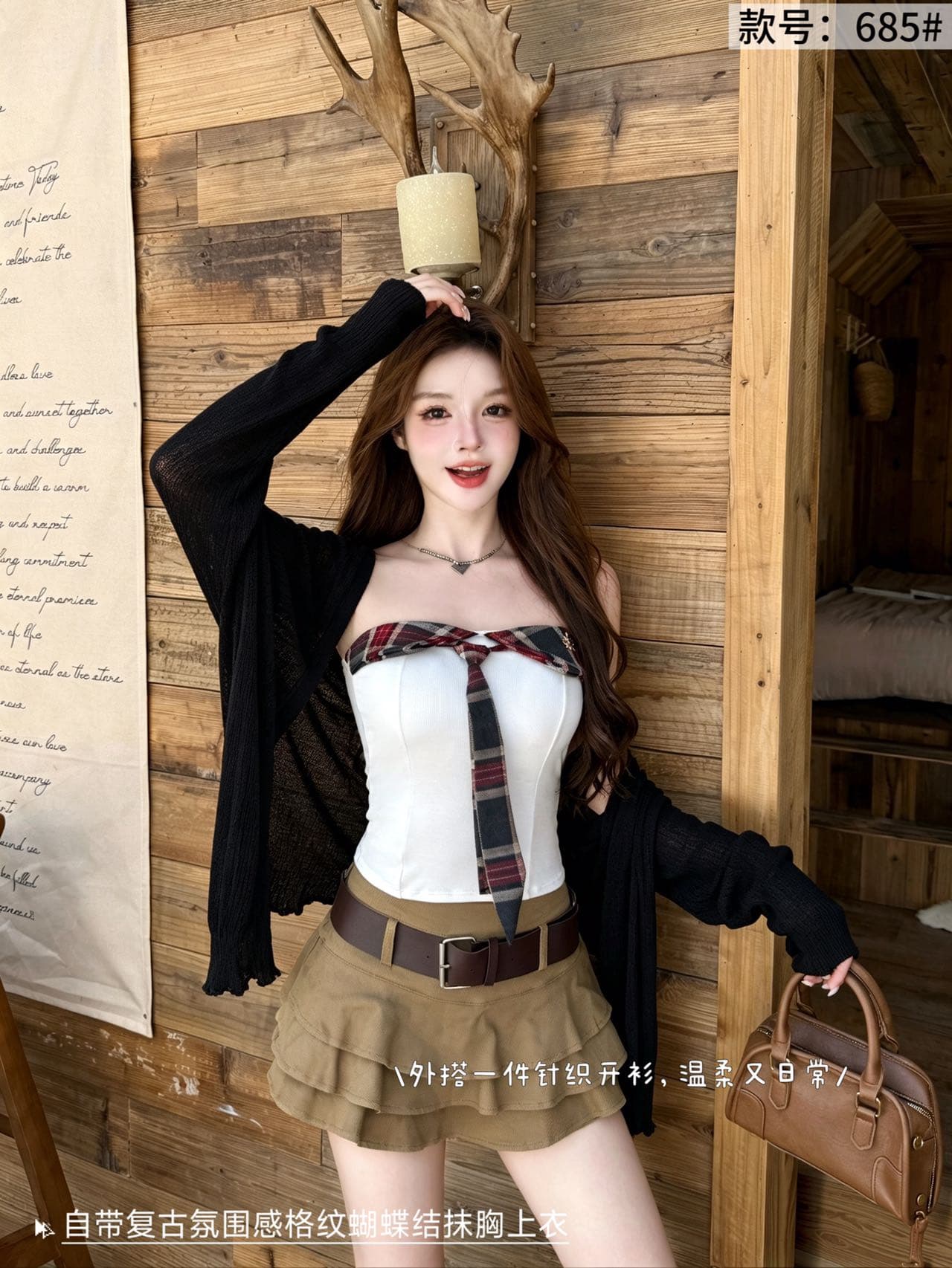 달콤한 차가운 학원 스타일 분위기 센스 나만의 것을 가져와 라. 가슴 패드 레트로 분위기 센스 체크무늬 리본 나비 매듭 튜브탑 맨위 상세 이미지 8