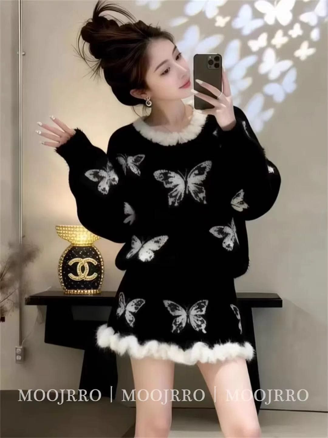 한 부서 느긋한 바람 품격 달콤함 나비 레이스 스웨터 미니 스커트 여성 의류 2026 새로운 프랑스식 아름다운 세트 드레스 상세 이미지 2