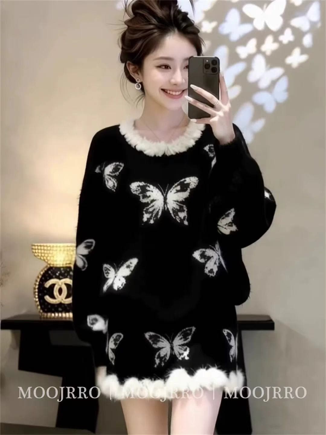 한 부서 느긋한 바람 품격 달콤함 나비 레이스 스웨터 미니 스커트 여성 의류 2026 새로운 프랑스식 아름다운 세트 드레스 상세 이미지 4