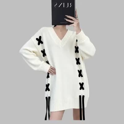 느긋한 바람 V넥 나비 매듭 스트랩 스웨터 여자 화이트 루즈핏 두꺼운 중간 길이 긴팔 풀오버 니트 스웨터 상세 이미지 1