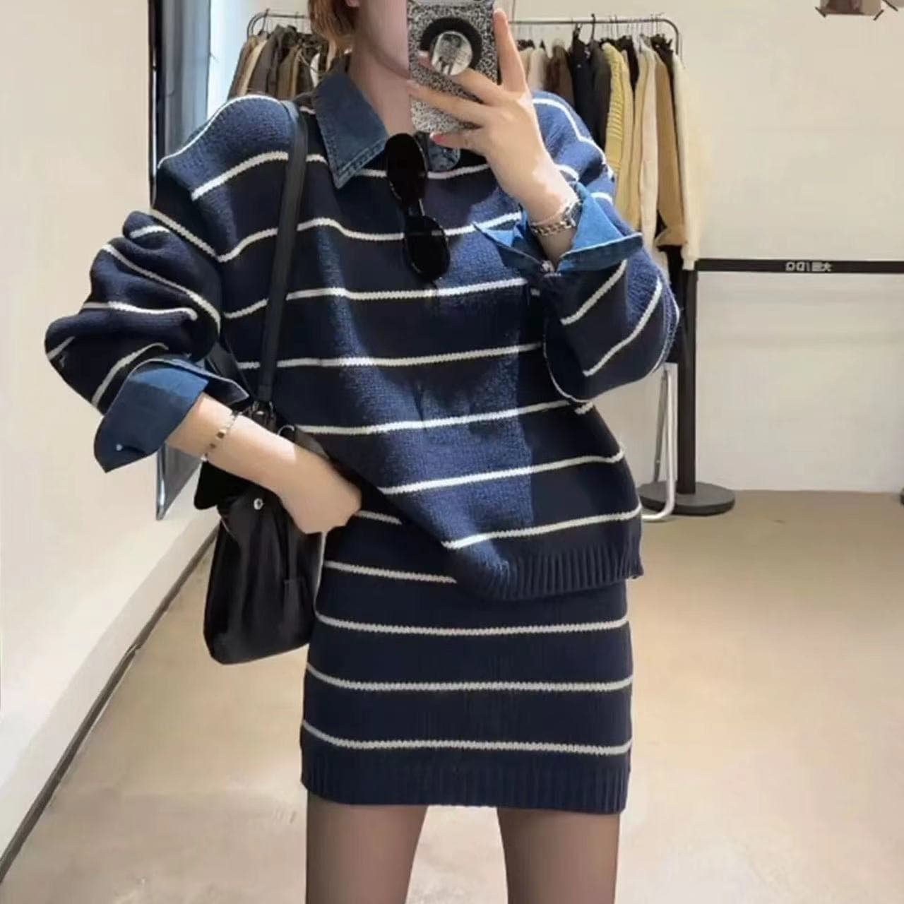 한 부서 학원 스타일 스웨터 세트 여성 가을 겨울 착용 가져 가라. 전체 집합 스트라이프 POLO 칼라 니트 스웨터 미니 스커트 투피스 세트