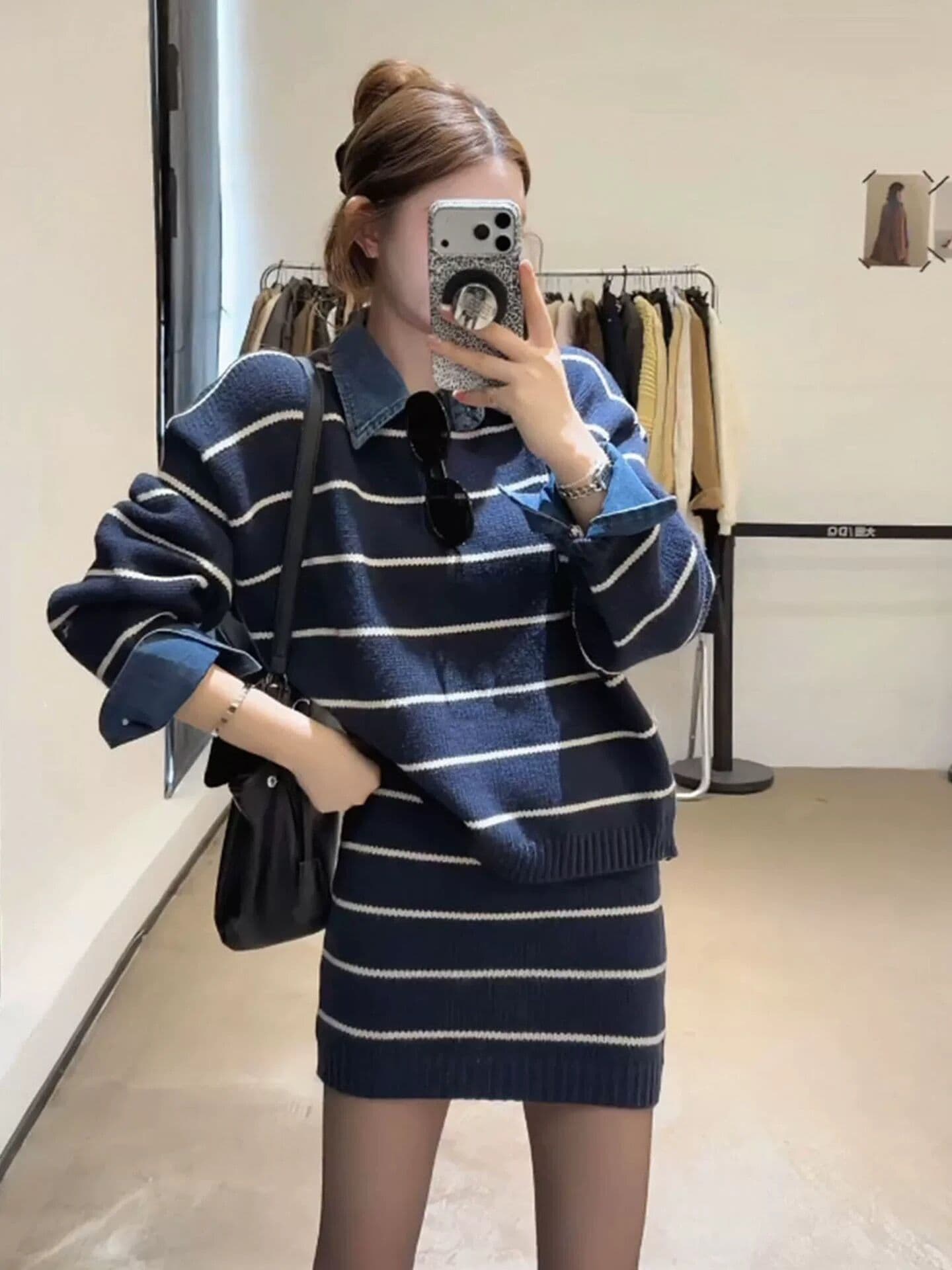 한 부서 학원 스타일 스웨터 세트 여성 가을 겨울 착용 가져 가라. 전체 집합 스트라이프 POLO 칼라 니트 스웨터 미니 스커트 투피스 세트 상세 이미지 5