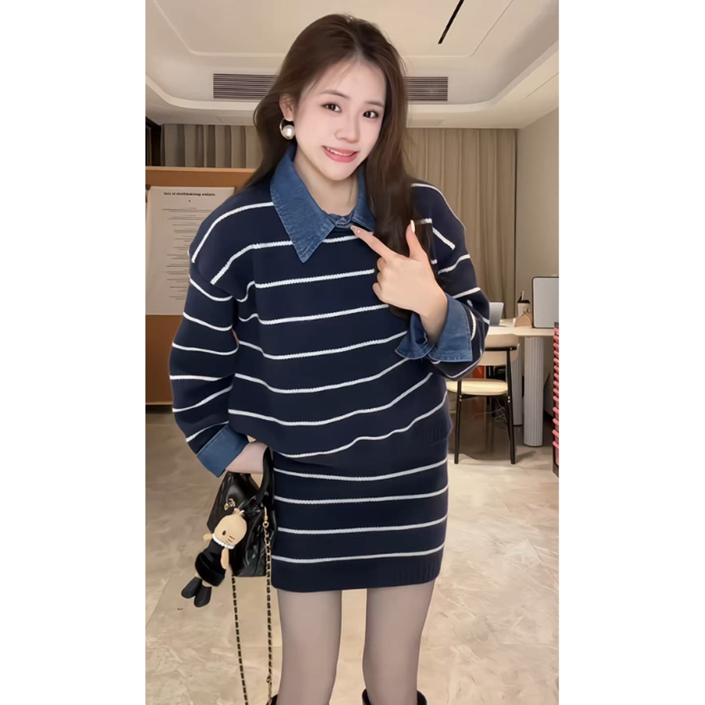 한 부서 학원 스타일 스웨터 세트 여성 가을 겨울 착용 가져 가라. 전체 집합 스트라이프 POLO 칼라 니트 스웨터 미니 스커트 투피스 세트 상세 이미지 8