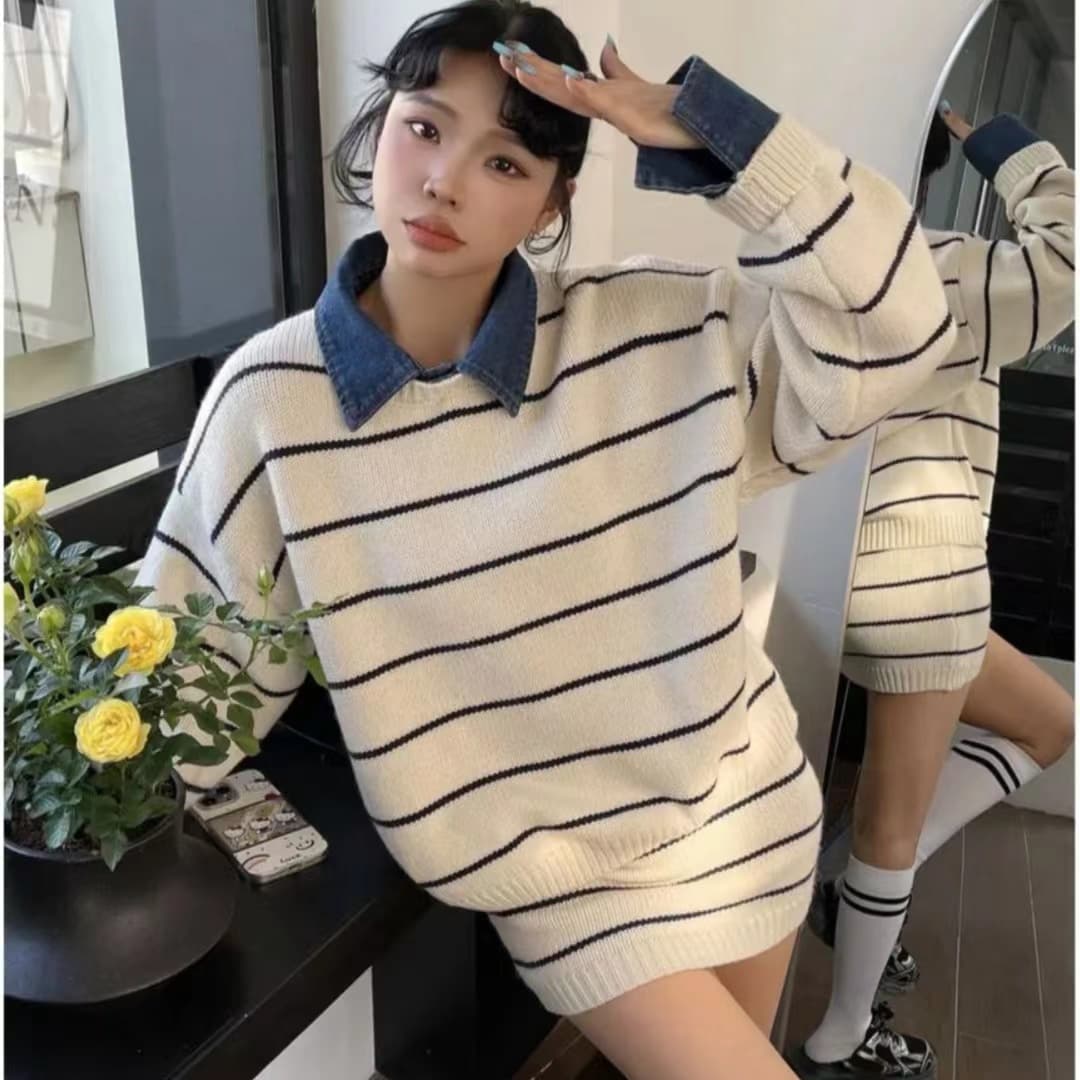 한 부서 학원 스타일 스웨터 세트 여성 가을 겨울 착용 가져 가라. 전체 집합 스트라이프 POLO 칼라 니트 스웨터 미니 스커트 투피스 세트 상세 이미지 24