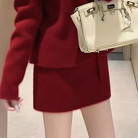 프랑스식 한 부서 빨간색 니트 세트 새로운 가을 겨울 작은 대중 빛 사람들 디자인 코치 맨위 반신 스커트 투피스 세트 상세 이미지 9