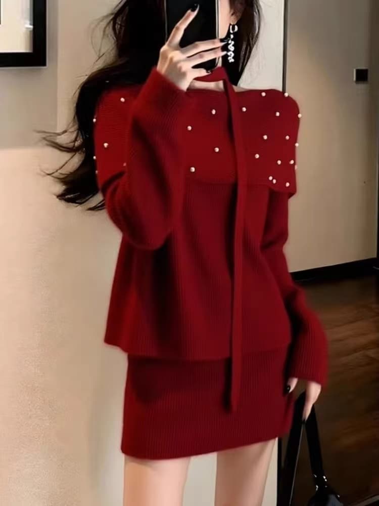 프랑스식 한 부서 빨간색 니트 세트 새로운 가을 겨울 작은 대중 빛 사람들 디자인 코치 맨위 반신 스커트 투피스 세트 상세 이미지 16