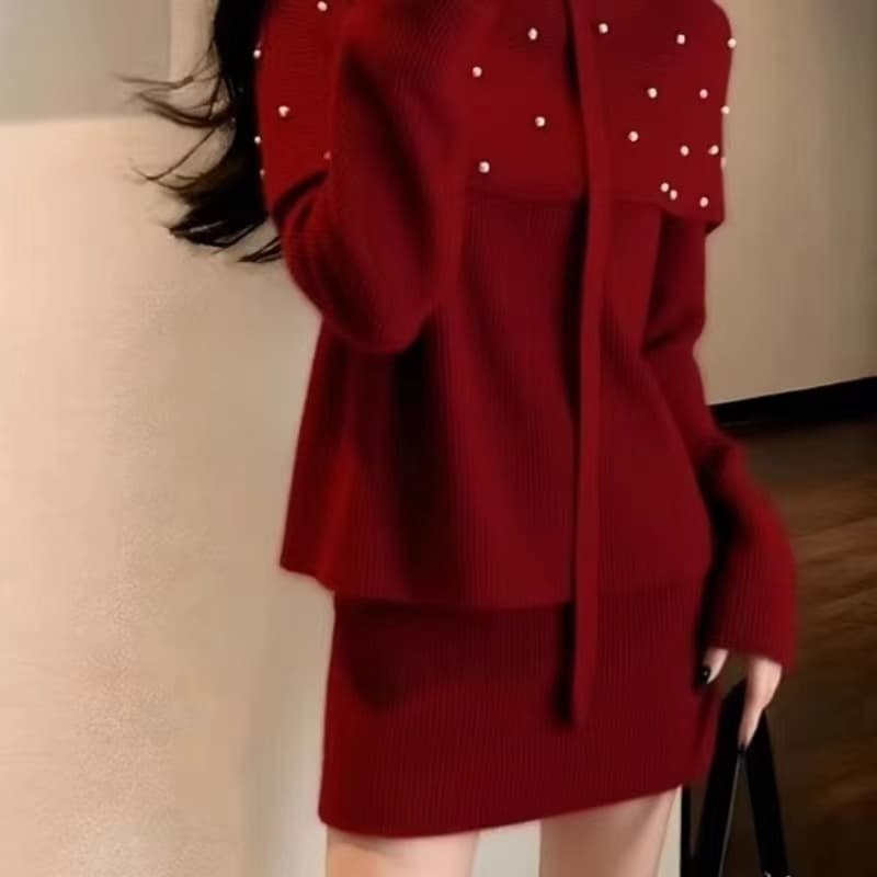 프랑스식 한 부서 빨간색 니트 세트 새로운 가을 겨울 작은 대중 빛 사람들 디자인 코치 맨위 반신 스커트 투피스 세트 상세 이미지 20