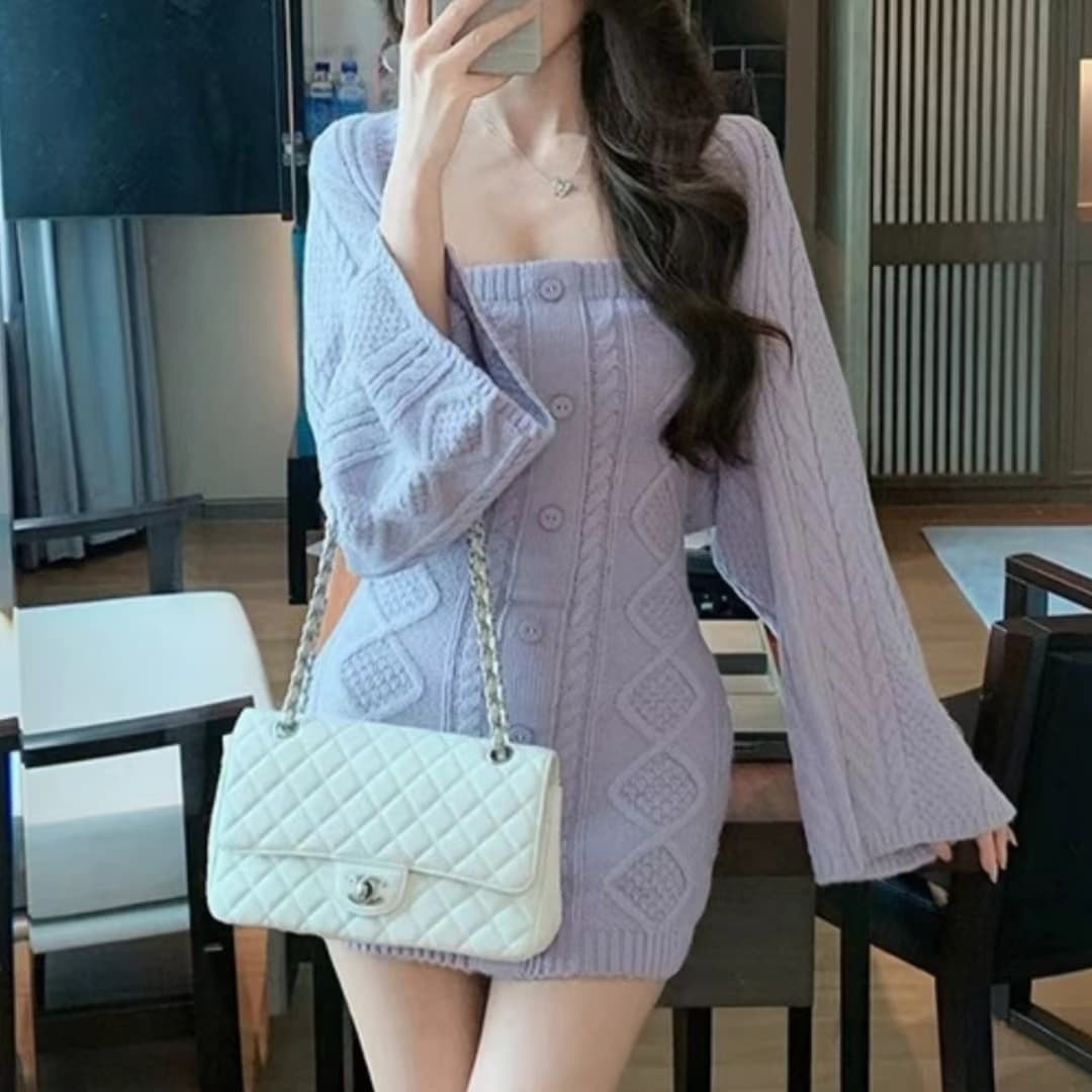 한 부서 스웨터 니트 오픈 가디건 튜브탑 드레스 아이들 허리 수축 슬림해 보이는 품격 섹시함 인사이드 가져 가라. 미니 스커트 가을 겨울철 이미지 3
