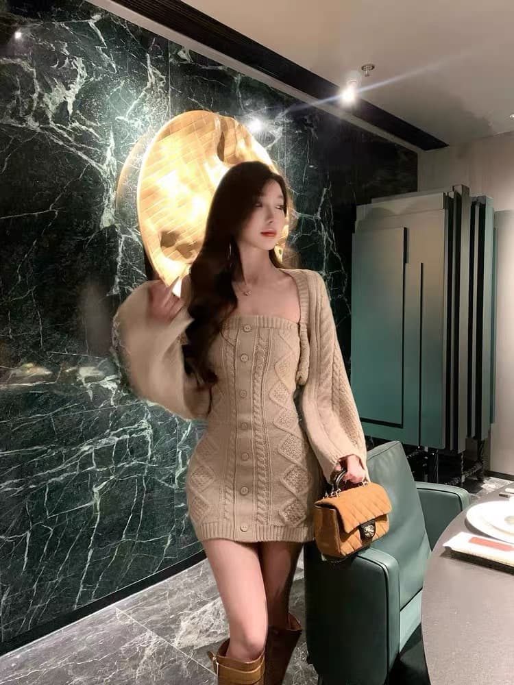 한 부서 스웨터 니트 오픈 가디건 튜브탑 드레스 아이들 허리 수축 슬림해 보이는 품격 섹시함 인사이드 가져 가라. 미니 스커트 가을 겨울철 상세 이미지 12