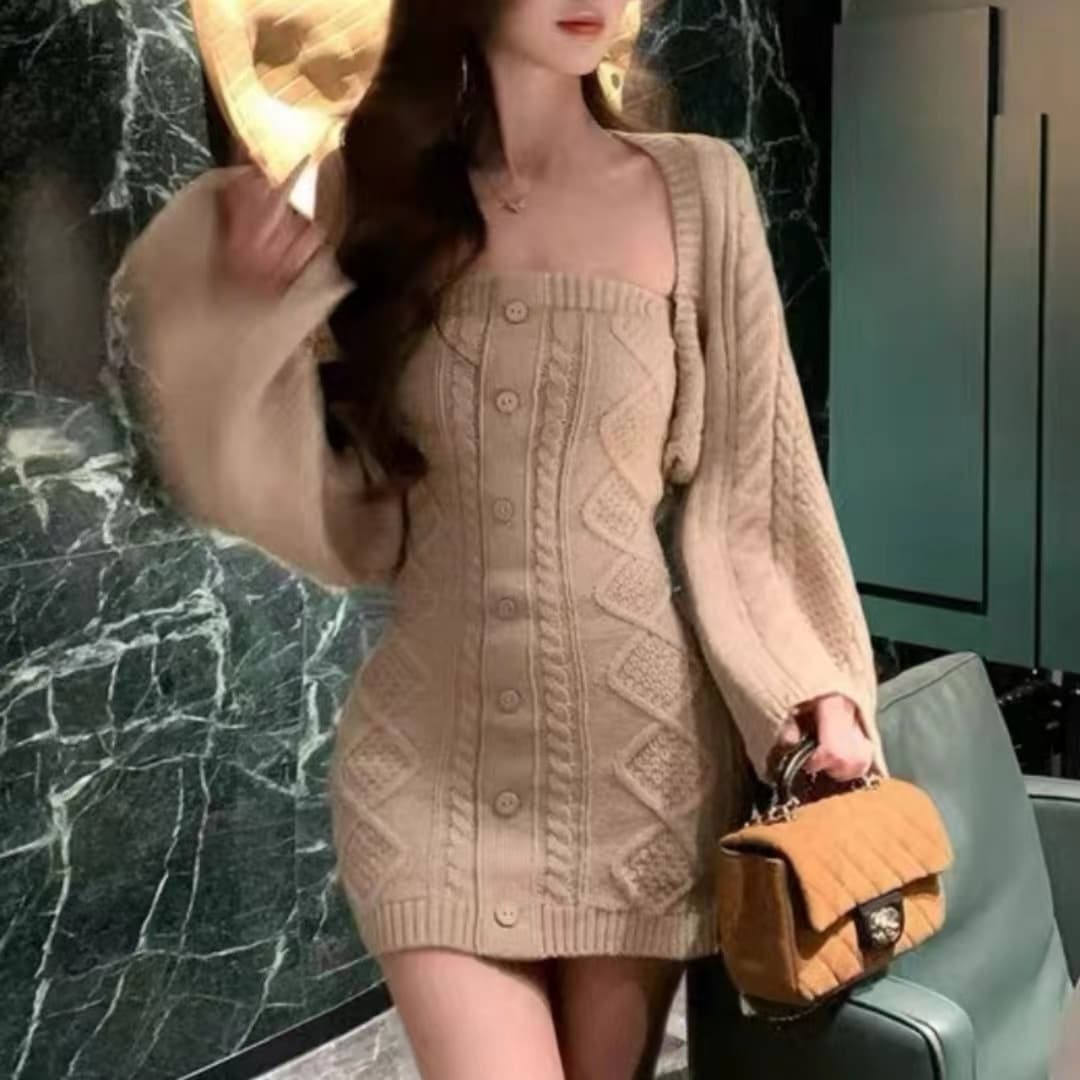 한 부서 스웨터 니트 오픈 가디건 튜브탑 드레스 아이들 허리 수축 슬림해 보이는 품격 섹시함 인사이드 가져 가라. 미니 스커트 가을 겨울철 상세 이미지 15