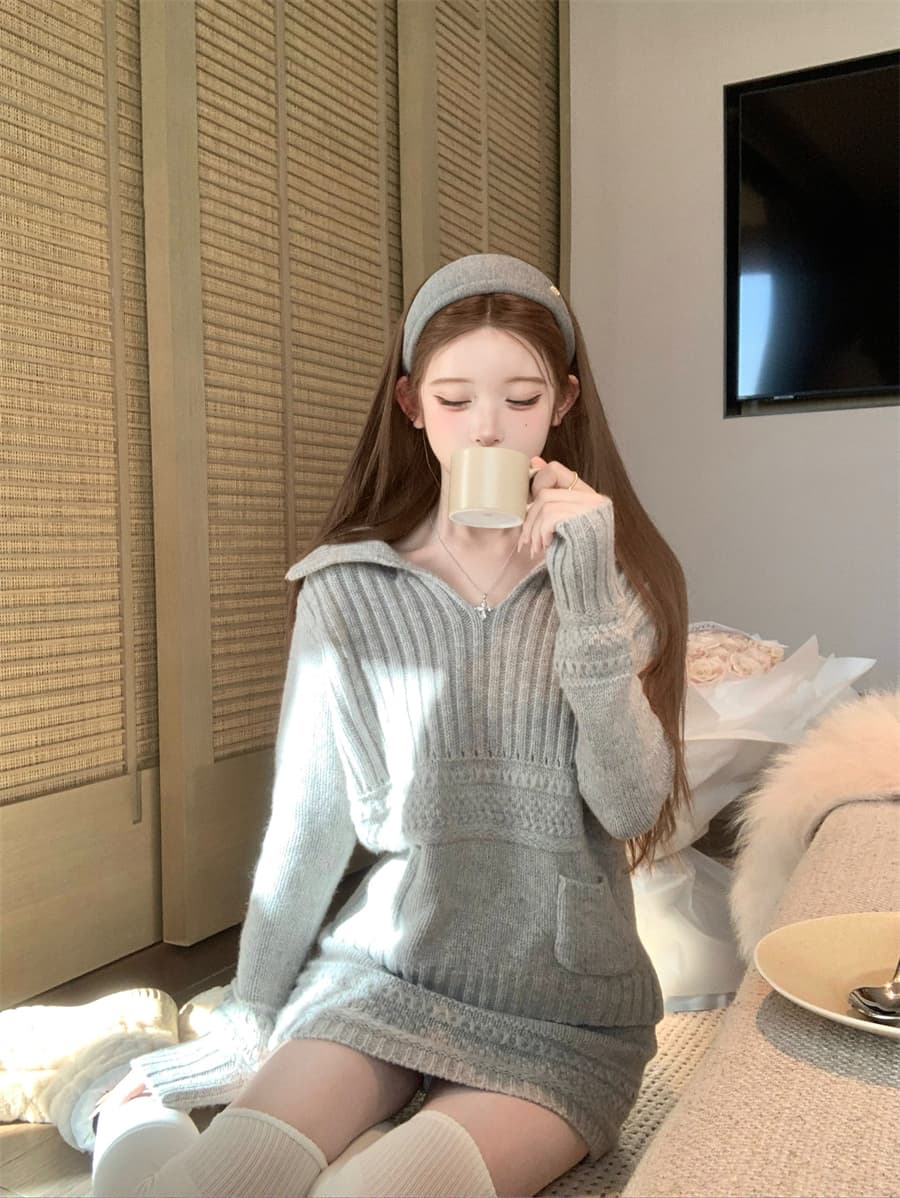작은 키 한 부서 느긋한 바람 회색 니트 원피스 아이들 가을 겨울 새로운 스웨터 세트 타이트 스커트 투피스 세트 상세 이미지 42
