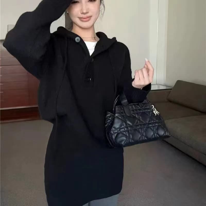 한국 스타일 패션 루즈핏 느긋한 바람 두꺼운 후드 긴팔 풀오버 허리밴드 반신 치마 세트 이미지 5