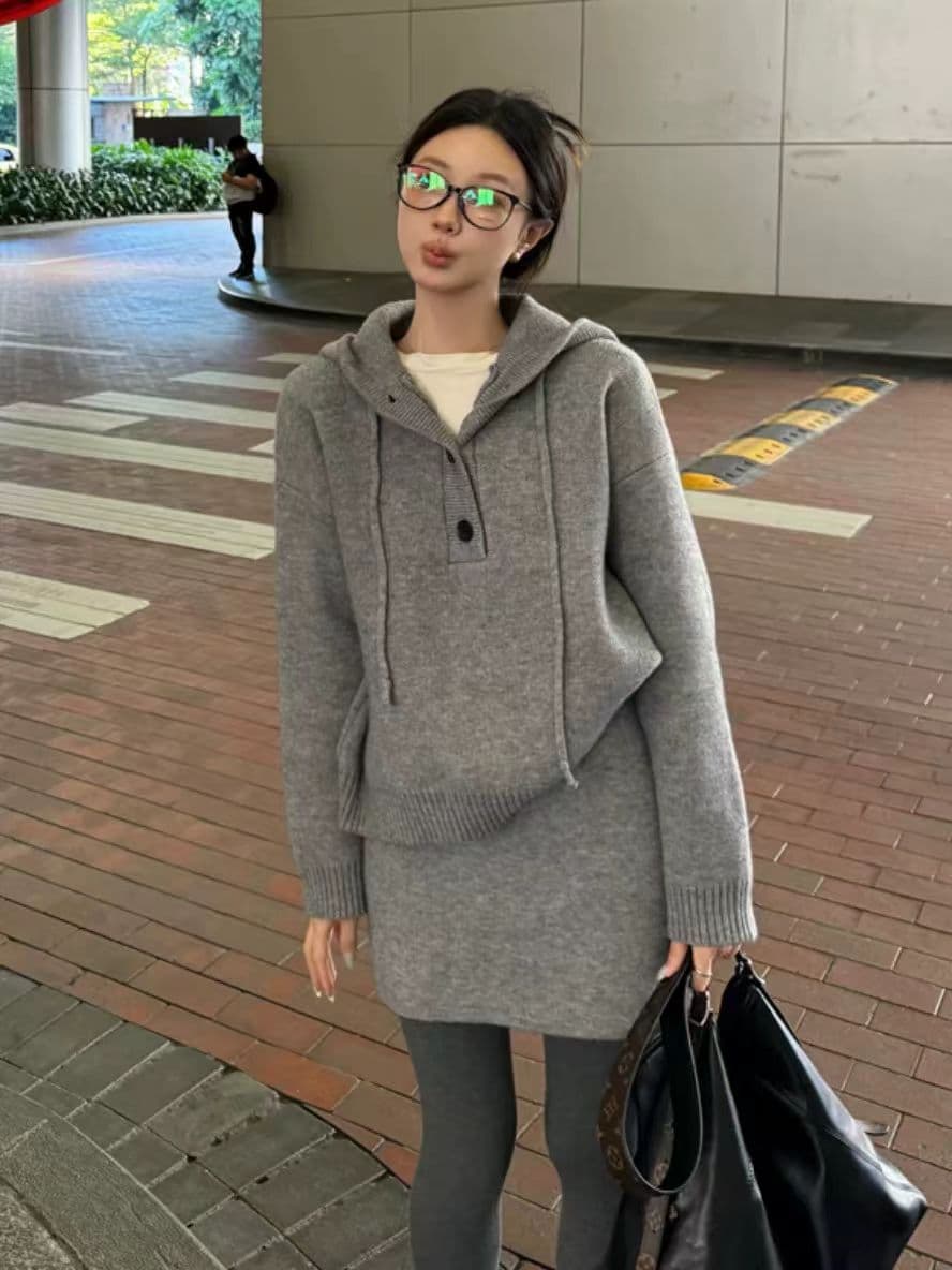 한국 스타일 패션 루즈핏 느긋한 바람 두꺼운 후드 긴팔 풀오버 허리밴드 반신 치마 세트 상세 이미지 4
