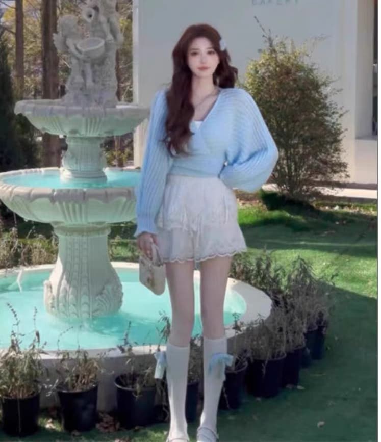 한국 동대문 차 부서 착용 가져 가라. 새로운 부드러운 바람 품격 하이웨이스트 레이스업 긴 머리 모헤어 쇼트 스타일 맨위 상세 이미지 6