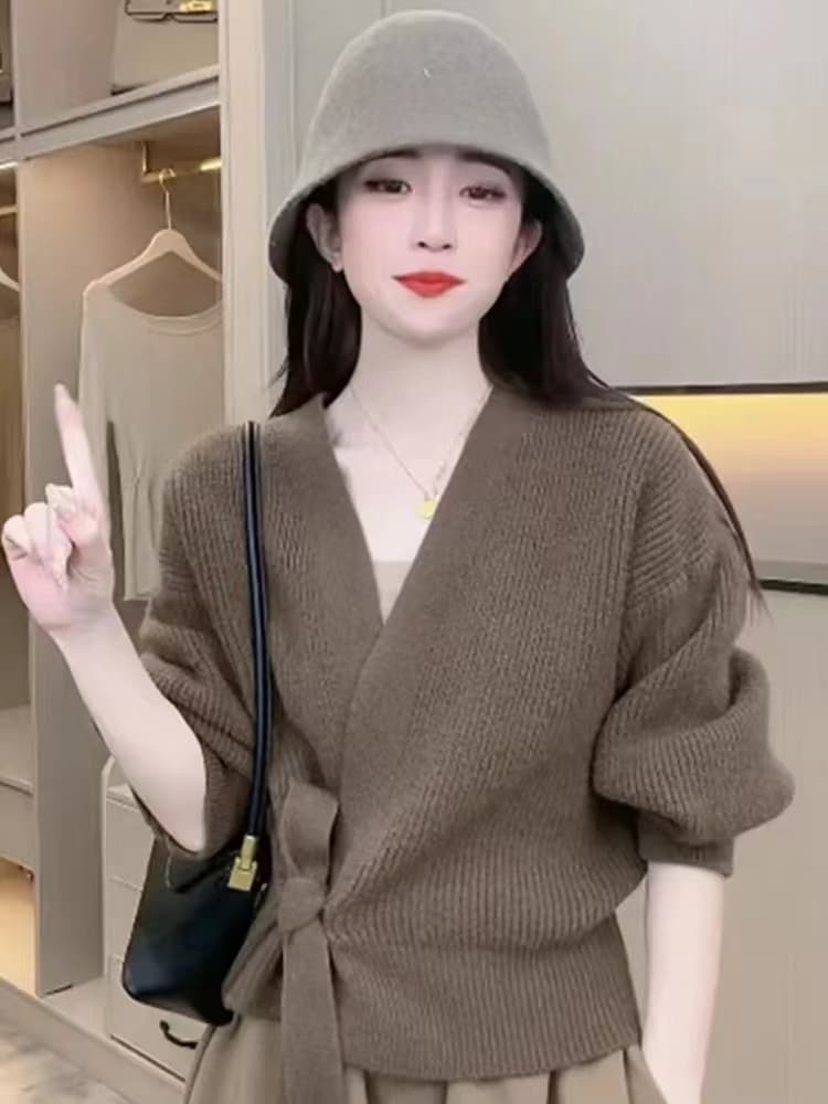 레트로 디자인 센스 작은 대중 맨위 여성 가을 겨울 새로운 일본식 느긋한 바람 다용도 슬림해 보이는 오픈 가디건 스웨터 코트 이미지 3