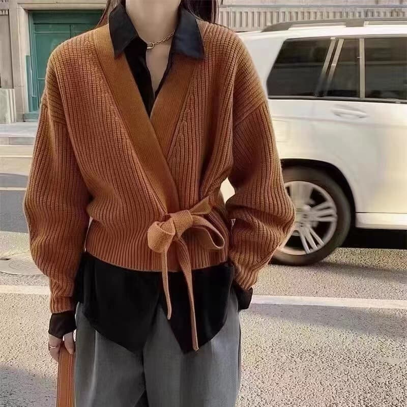 레트로 디자인 센스 작은 대중 맨위 여성 가을 겨울 새로운 일본식 느긋한 바람 다용도 슬림해 보이는 오픈 가디건 스웨터 코트 이미지 5