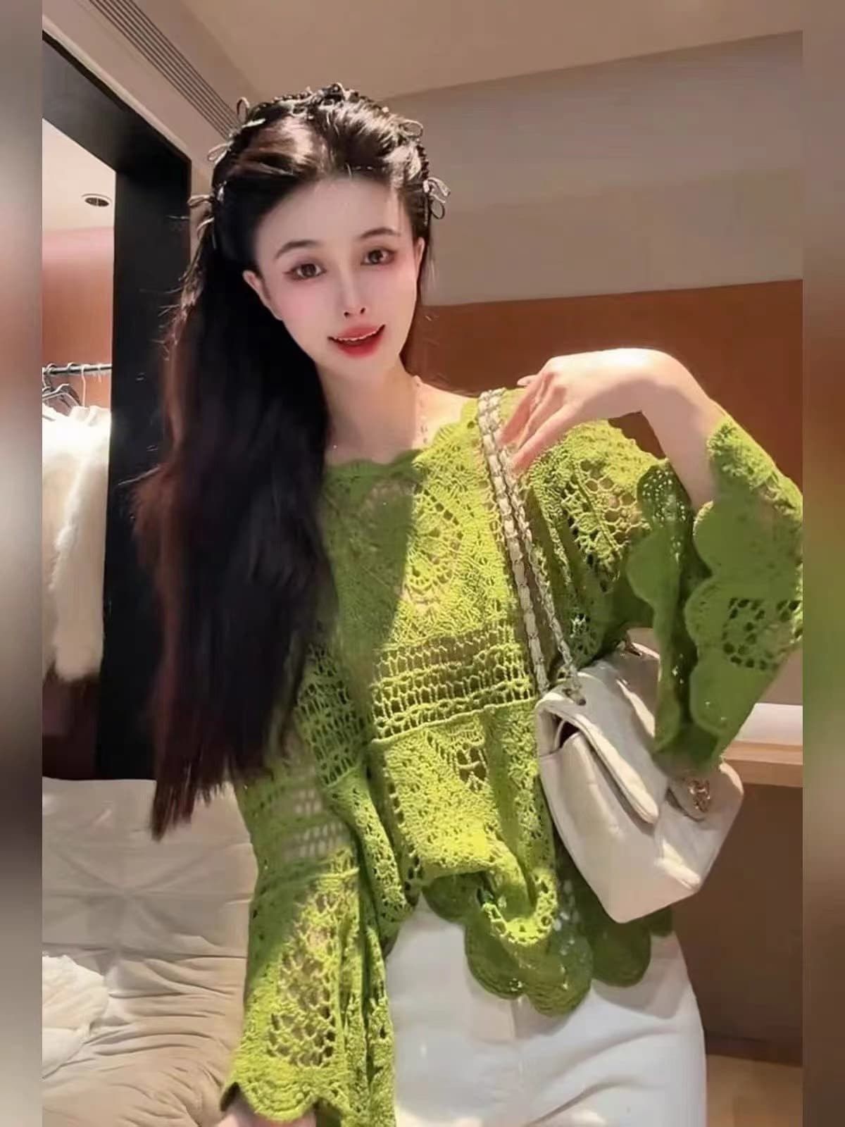 유럽 상품 무거운 작업 홀로우 아웃 자수 나팔 소매 녹색 니트 작은 셔츠 여성 가을 새로운 외국 가스 슬림해 보이는 아름다운 맨위 상세 이미지 11