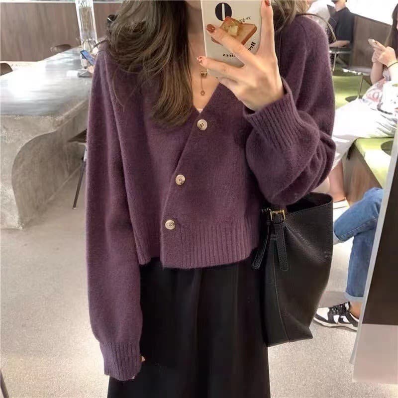 V넥 오픈 가디건 스웨터 여자 봄 가을 외출용 디자인 센스 루즈핏 느긋한 바람 Chic 작은 대중 쇼트 스타일 니트 맨위 이미지 3