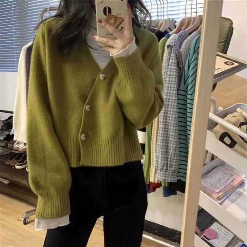 V넥 오픈 가디건 스웨터 여자 봄 가을 외출용 디자인 센스 루즈핏 느긋한 바람 Chic 작은 대중 쇼트 스타일 니트 맨위 이미지 5