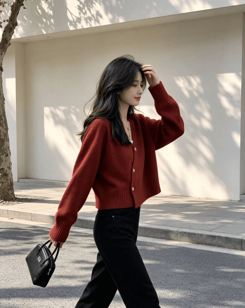 V넥 오픈 가디건 스웨터 여자 봄 가을 외출용 디자인 센스 루즈핏 느긋한 바람 Chic 작은 대중 쇼트 스타일 니트 맨위 상세 이미지 4