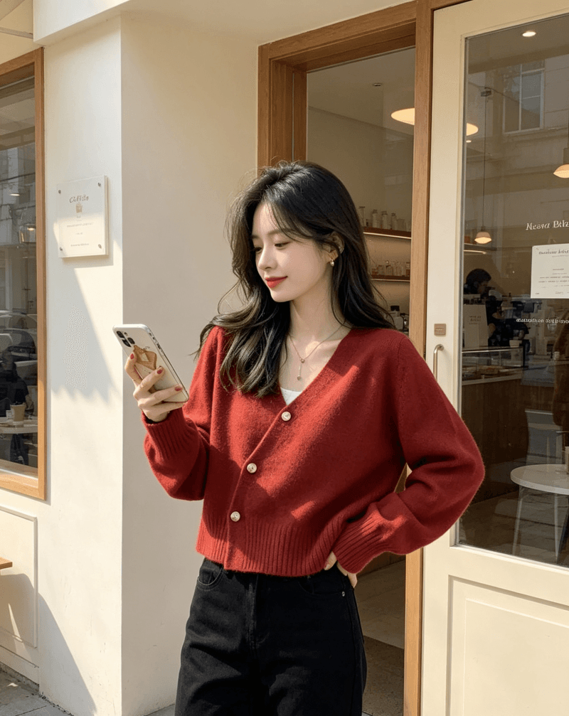 V넥 오픈 가디건 스웨터 여자 봄 가을 외출용 디자인 센스 루즈핏 느긋한 바람 Chic 작은 대중 쇼트 스타일 니트 맨위 상세 이미지 5
