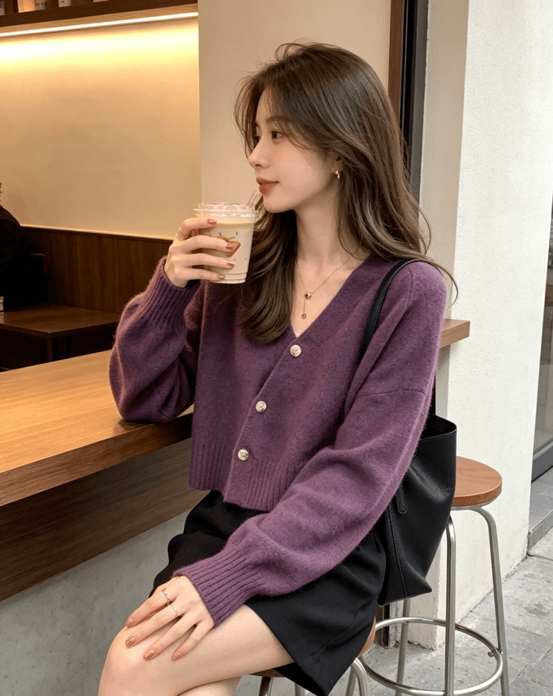 V넥 오픈 가디건 스웨터 여자 봄 가을 외출용 디자인 센스 루즈핏 느긋한 바람 Chic 작은 대중 쇼트 스타일 니트 맨위 상세 이미지 14