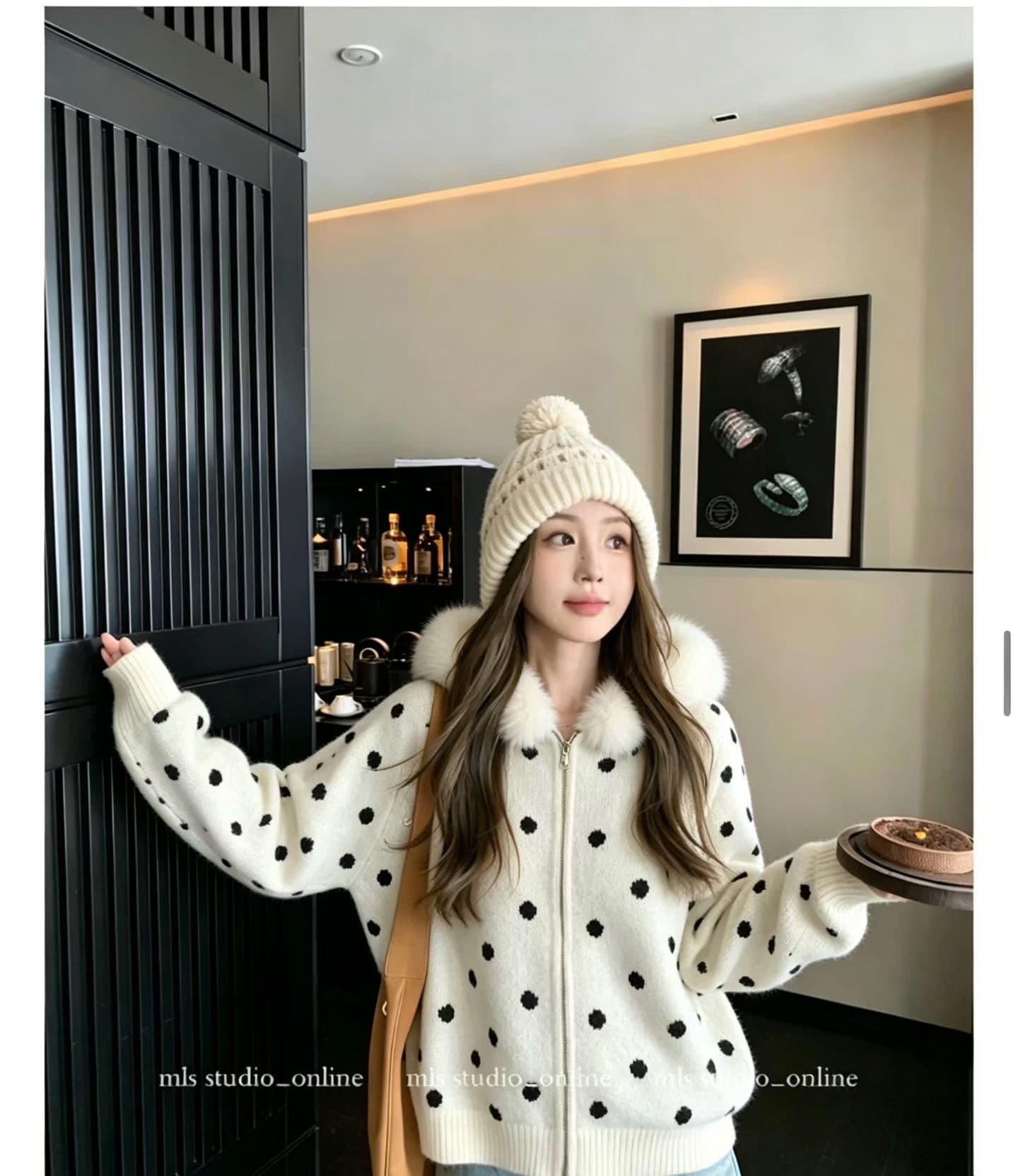 아메리칸 도트 무늬 모자 포함 어린이 길이 소매 면 베스트 여성 레저 모피 칼라 착용 재킷 이미지 3