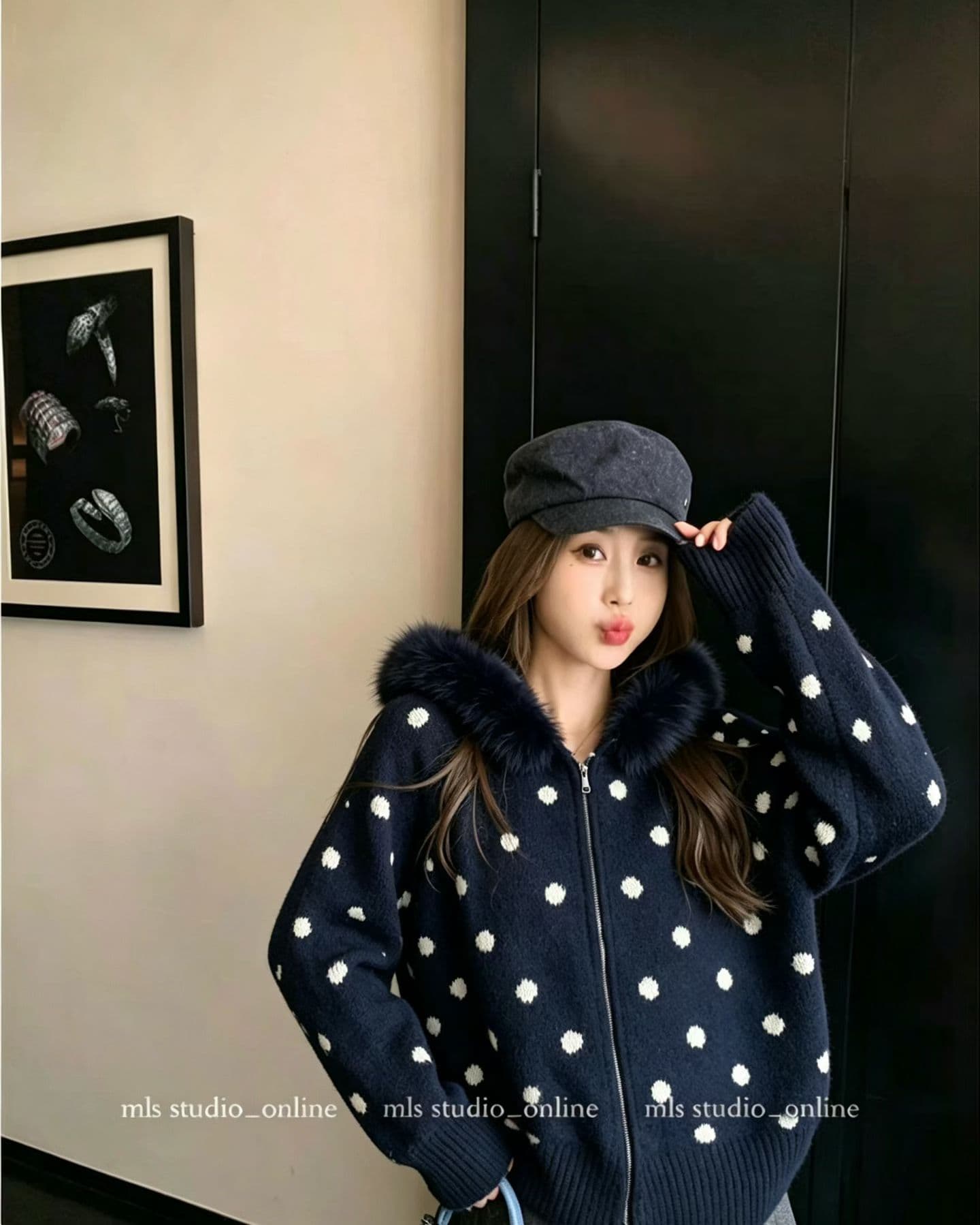 아메리칸 도트 무늬 모자 포함 어린이 길이 소매 면 베스트 여성 레저 모피 칼라 착용 재킷 상세 이미지 1