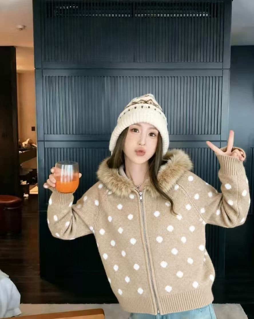 아메리칸 도트 무늬 모자 포함 어린이 길이 소매 면 베스트 여성 레저 모피 칼라 착용 재킷 상세 이미지 3