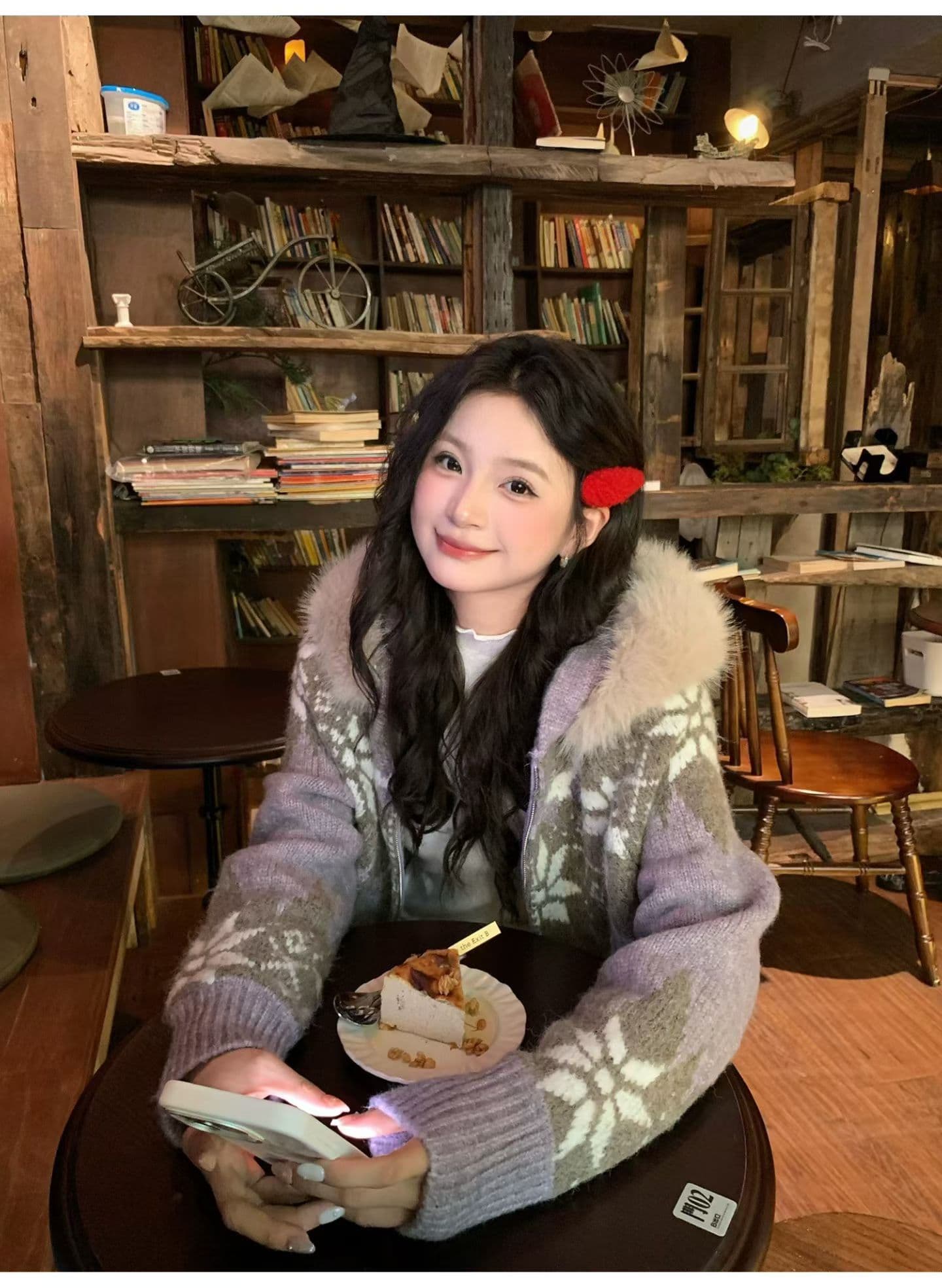 보라색 공정한 섬 더블 지퍼 후드 스웨터 오픈 가디건 여성 가을 겨울철 두꺼운 루즈핏 느긋한 레트로 모피 칼라 재킷 상세 이미지 3