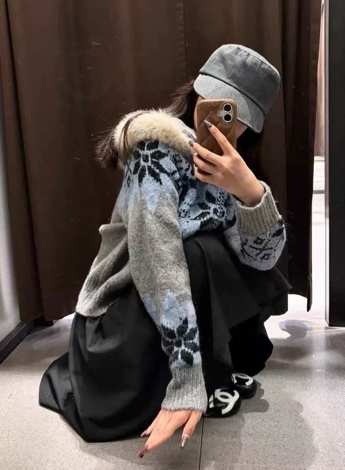 보라색 공정한 섬 더블 지퍼 후드 스웨터 오픈 가디건 여성 가을 겨울철 두꺼운 루즈핏 느긋한 레트로 모피 칼라 재킷 상세 이미지 5