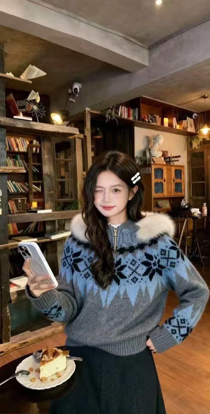 보라색 공정한 섬 더블 지퍼 후드 스웨터 오픈 가디건 여성 가을 겨울철 두꺼운 루즈핏 느긋한 레트로 모피 칼라 재킷 상세 이미지 7