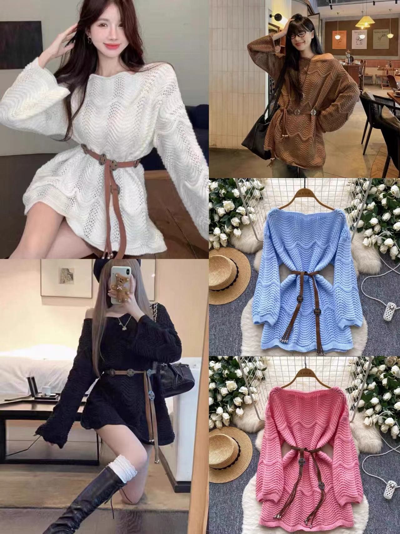 한 부서 불규칙 레이스 홀로우 아웃 니트 맨위 여성 가을 부드러운 바람 캐주얼 달콤함 오프숄더 루즈핏 풀오버 이미지 2