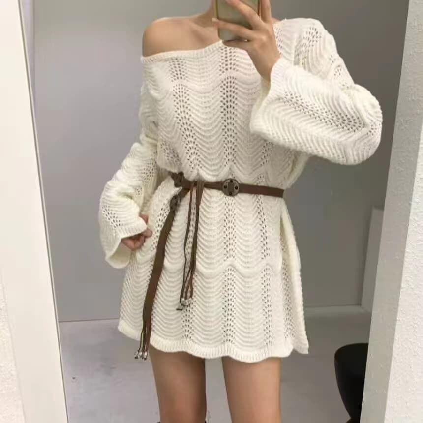 한 부서 불규칙 레이스 홀로우 아웃 니트 맨위 여성 가을 부드러운 바람 캐주얼 달콤함 오프숄더 루즈핏 풀오버 상세 이미지 3
