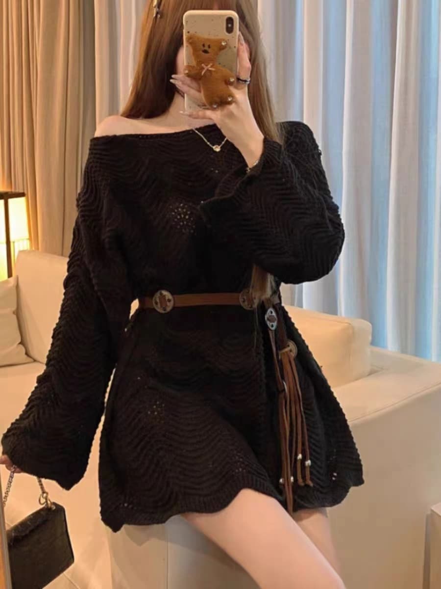 한 부서 불규칙 레이스 홀로우 아웃 니트 맨위 여성 가을 부드러운 바람 캐주얼 달콤함 오프숄더 루즈핏 풀오버 상세 이미지 6