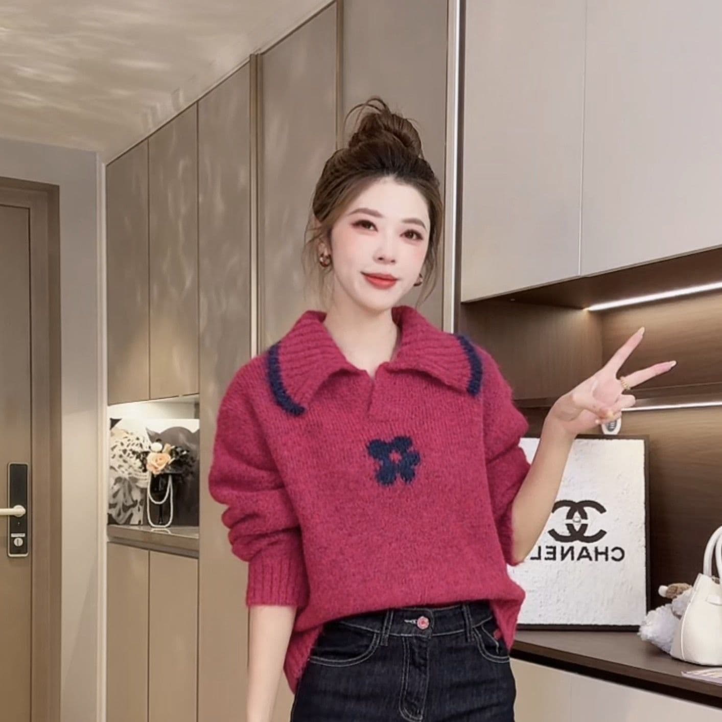 가을 겨울 착용 가져 가라. 배색 폴로 칼라 꽃 스웨터 여자 2026 새로운 연령 감소 부드러운 바람 아름다운 그레이트 봐. 의류 상세 이미지 2