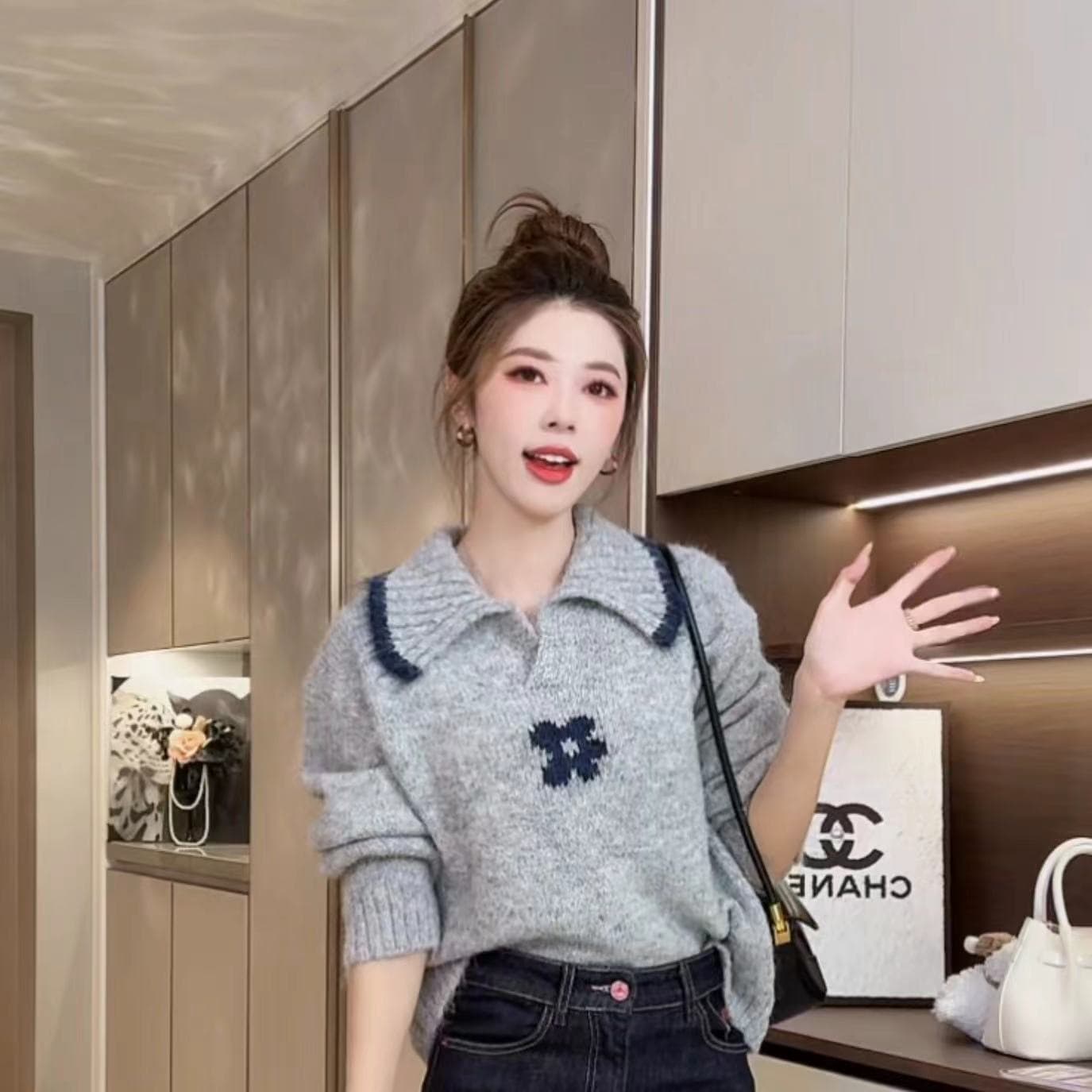 가을 겨울 착용 가져 가라. 배색 폴로 칼라 꽃 스웨터 여자 2026 새로운 연령 감소 부드러운 바람 아름다운 그레이트 봐. 의류 상세 이미지 11