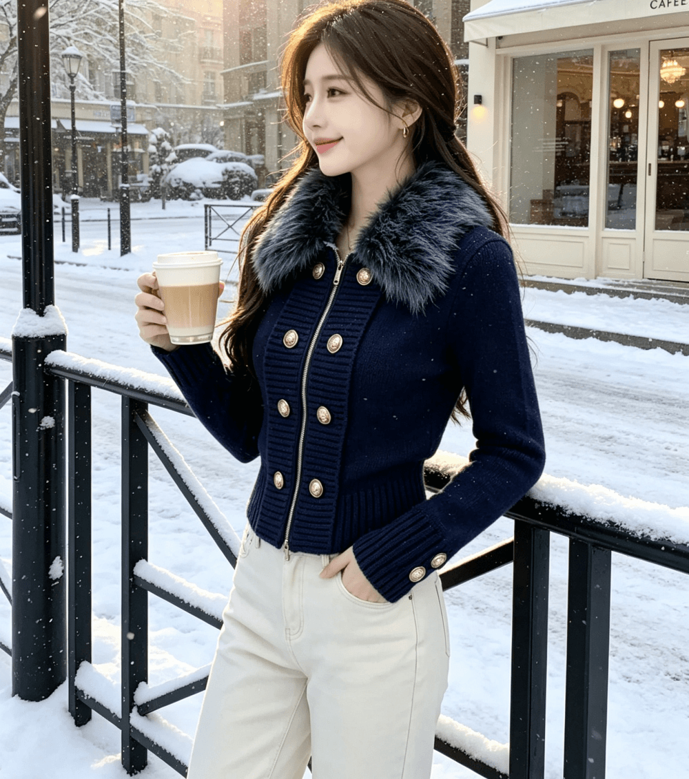 한국 동대문 디자인 센스 모피 칼라 지퍼 니트 오픈 가디건 여성 의류 가을 품격 슬림해 보이는 다용도 스웨터 코트 상세 이미지 7