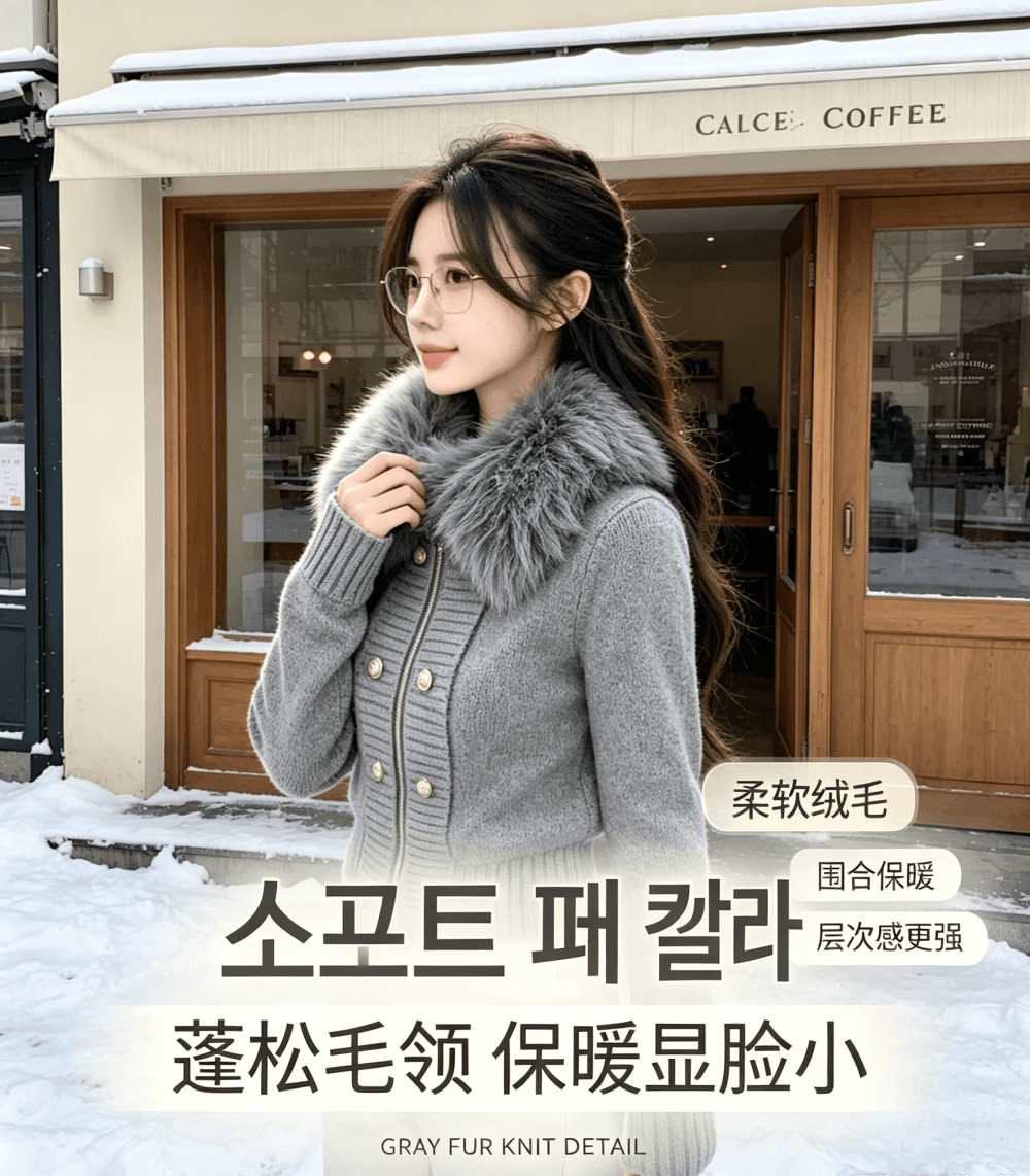 한국 동대문 디자인 센스 모피 칼라 지퍼 니트 오픈 가디건 여성 의류 가을 품격 슬림해 보이는 다용도 스웨터 코트 상세 이미지 10