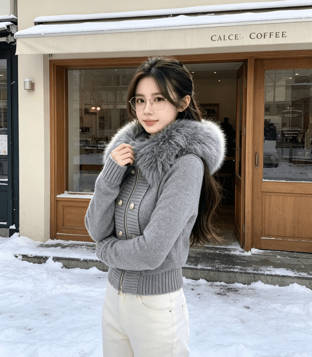 한국 동대문 디자인 센스 모피 칼라 지퍼 니트 오픈 가디건 여성 의류 가을 품격 슬림해 보이는 다용도 스웨터 코트 상세 이미지 14
