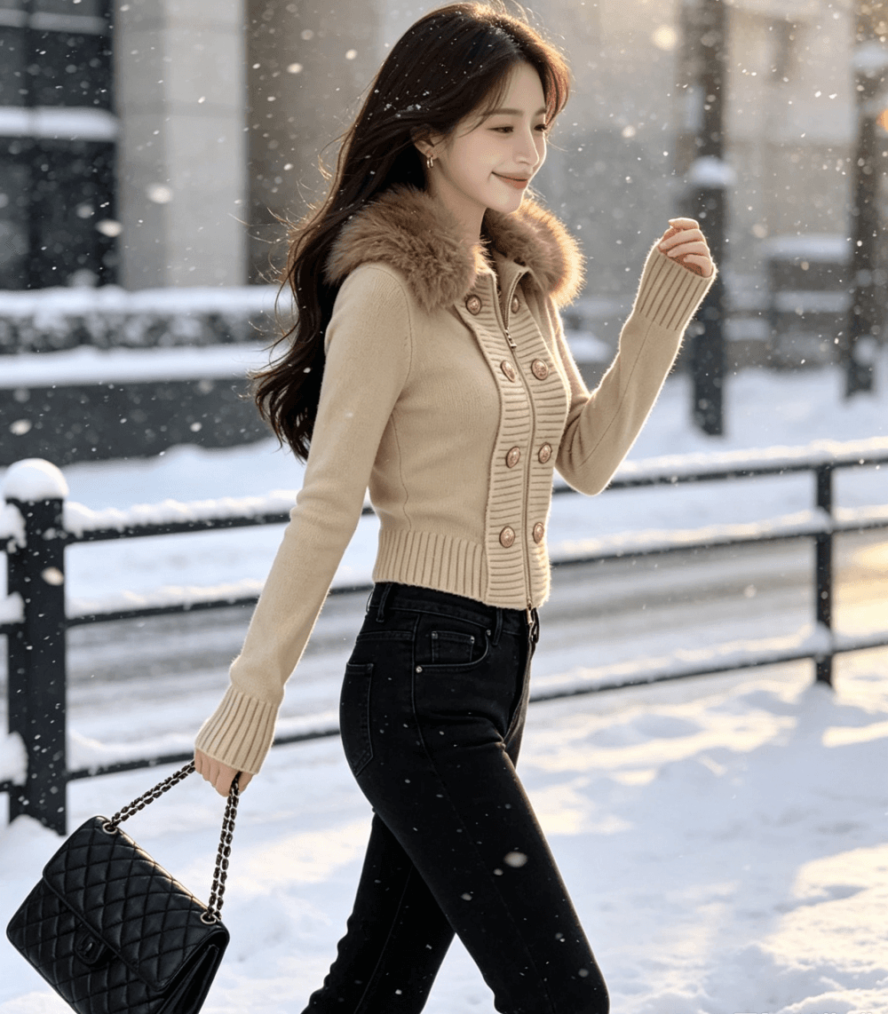 한국 동대문 디자인 센스 모피 칼라 지퍼 니트 오픈 가디건 여성 의류 가을 품격 슬림해 보이는 다용도 스웨터 코트 상세 이미지 15