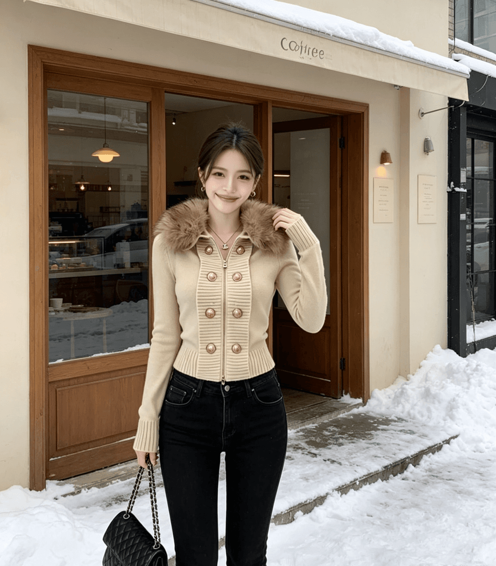 한국 동대문 디자인 센스 모피 칼라 지퍼 니트 오픈 가디건 여성 의류 가을 품격 슬림해 보이는 다용도 스웨터 코트 상세 이미지 17