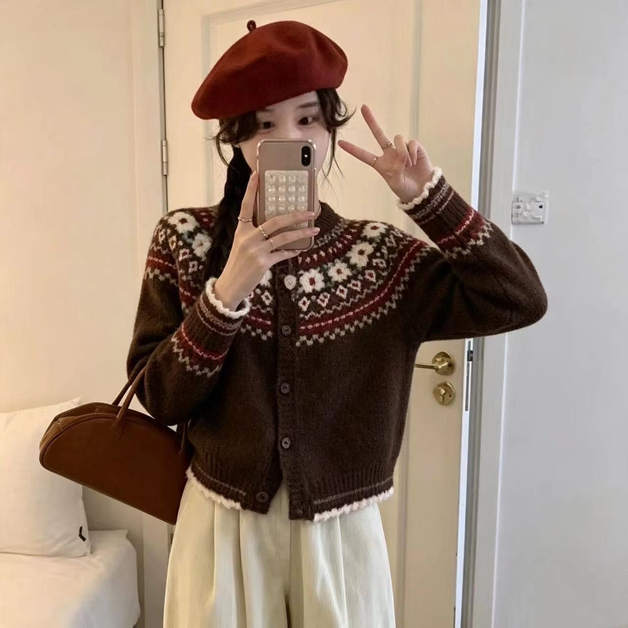 한 부서 자카드 공정한 섬 스웨터 오픈 가디건 여성 코트 가을 겨울 루즈핏 느긋한 부드러운 찹쌀 루즈핏 니트 스웨터 작은 맨위 이미지 5