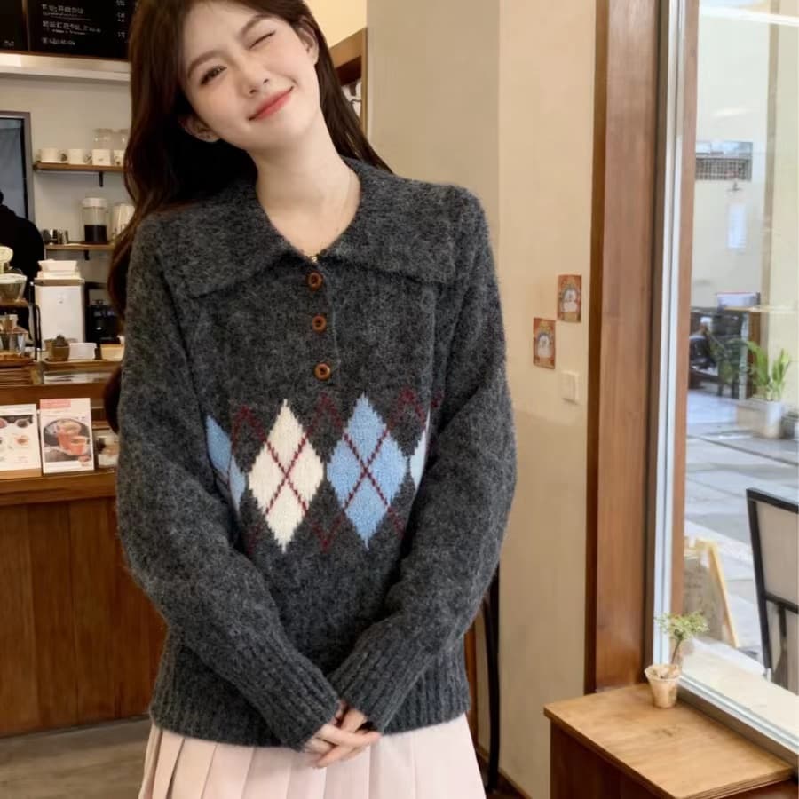 한국 동대문 아름다움 라드. POLO 칼라 스웨터 여자 느긋한 외출용 이른 가을 겨울 루즈핏 chic 니트 스웨터 켜기 이미지 4