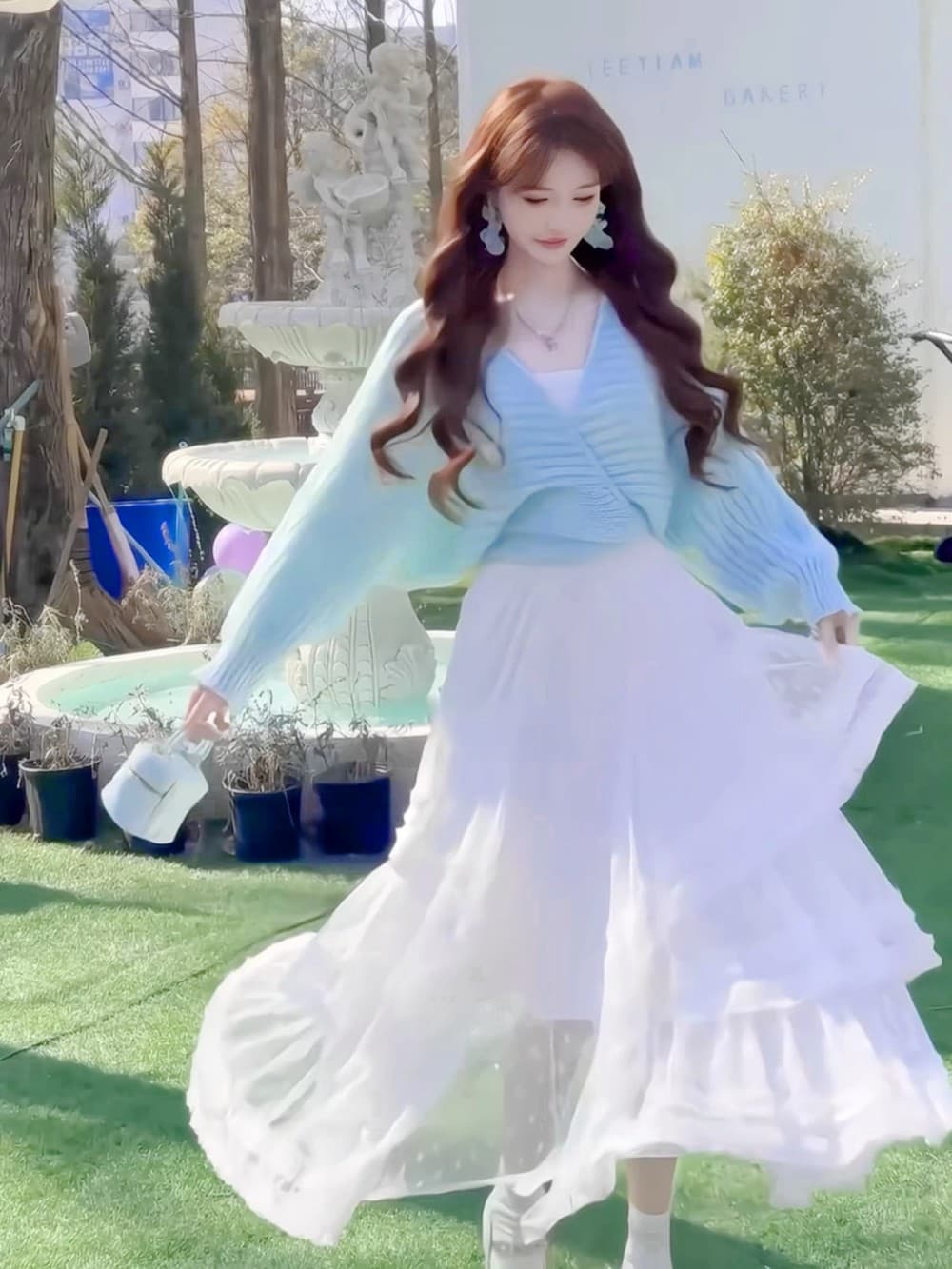 한국 동대문 차 부서 착용 가져 가라. 새로운 부드러운 바람 품격 하이웨이스트 레이스업 긴 머리 모헤어 쇼트 스타일 맨위 이미지 2