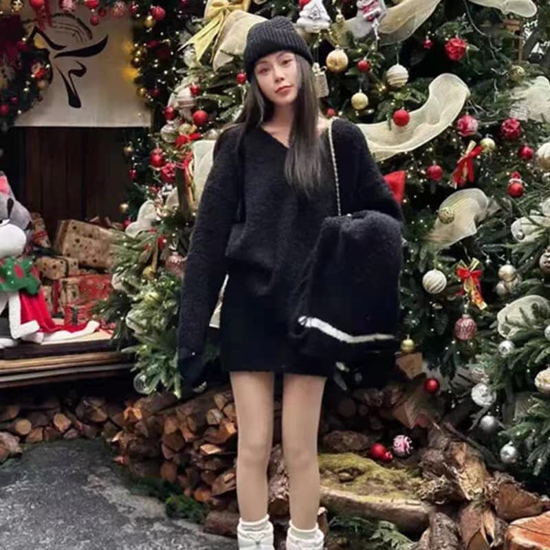 한 부서 품격 착용 가져 가라. 전체 집합 가을 겨울철 여성 의류 느긋한 바람 V넥 스웨터 니트 타이트 스커트 미니 스커트 투피스 세트 이미지 5