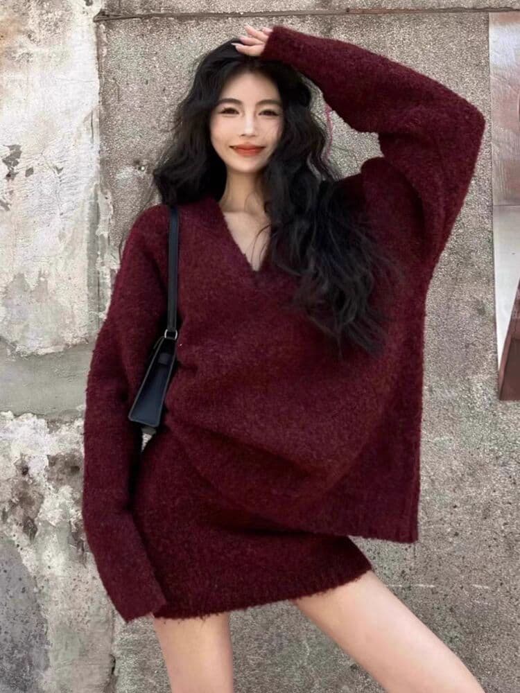 한 부서 품격 착용 가져 가라. 전체 집합 가을 겨울철 여성 의류 느긋한 바람 V넥 스웨터 니트 타이트 스커트 미니 스커트 투피스 세트 상세 이미지 4