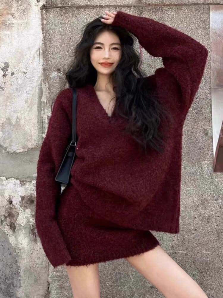 한 부서 품격 착용 가져 가라. 전체 집합 가을 겨울철 여성 의류 느긋한 바람 V넥 스웨터 니트 타이트 스커트 미니 스커트 투피스 세트 상세 이미지 9