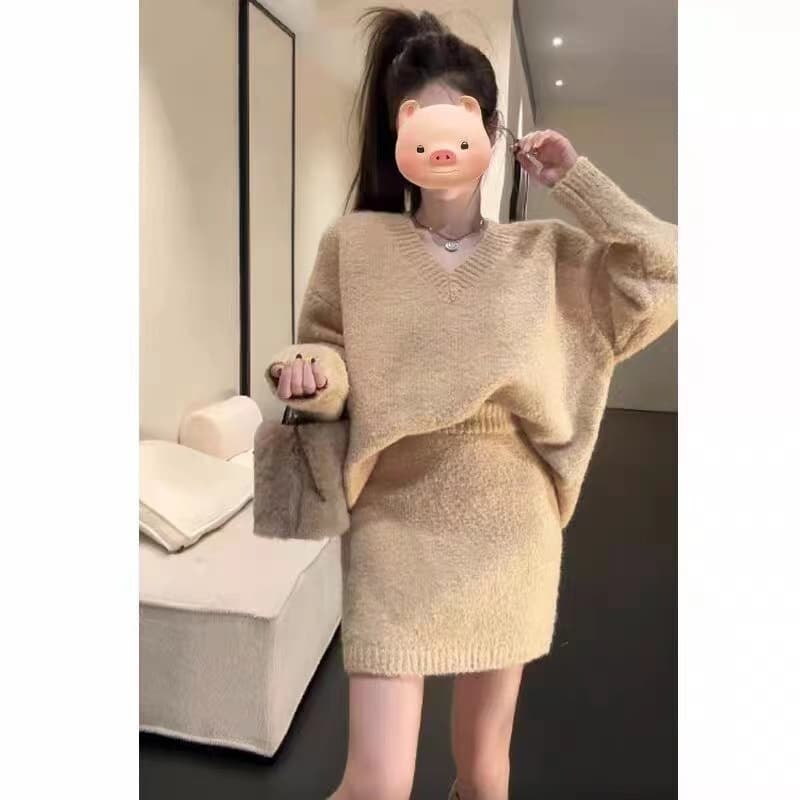 한 부서 품격 착용 가져 가라. 전체 집합 가을 겨울철 여성 의류 느긋한 바람 V넥 스웨터 니트 타이트 스커트 미니 스커트 투피스 세트 상세 이미지 12