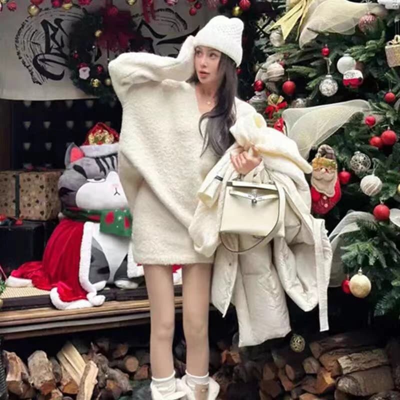 한 부서 품격 착용 가져 가라. 전체 집합 가을 겨울철 여성 의류 느긋한 바람 V넥 스웨터 니트 타이트 스커트 미니 스커트 투피스 세트 상세 이미지 13